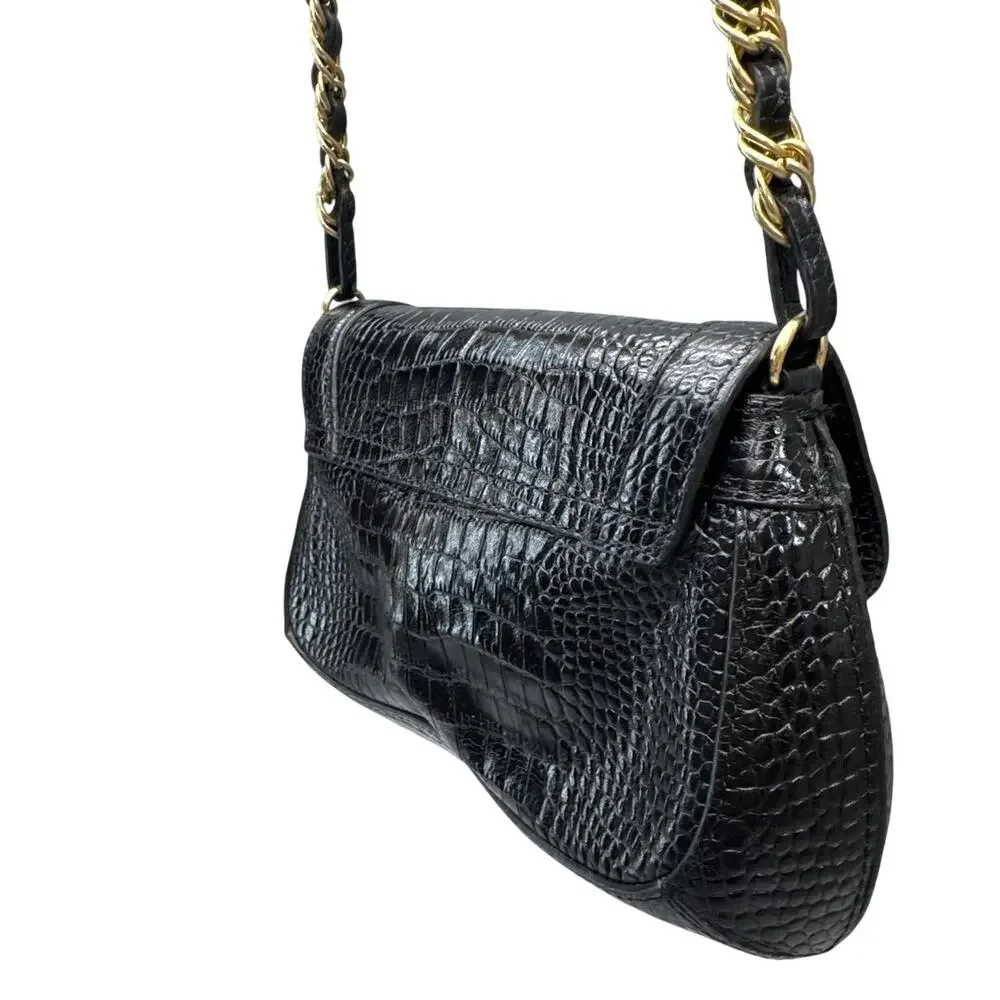Ann Taylor Black Leather Croc-Embossed Gold Chain Small Shoulder Bag